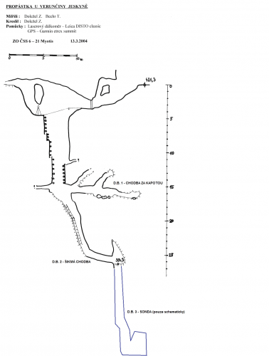Mapa jeskyně (řez) – zdroj web ZO ČSS 6-21 Myotis, upraveno