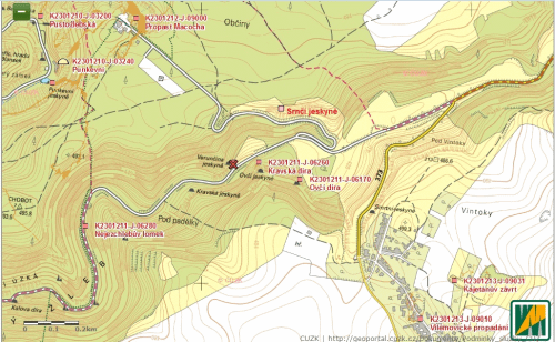 Obr. č. 1 – Poloha lokality vyznačena křížkem (zdroj - mapová aplikace JESO a CUZK, upraveno)